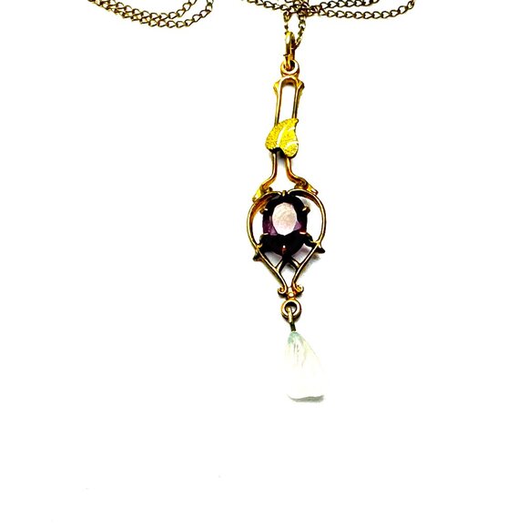 Antique Art Nouveau Amethyst and Opalescent Glass Pendant: Gold Filled Necklace - Picture 6 of 12
